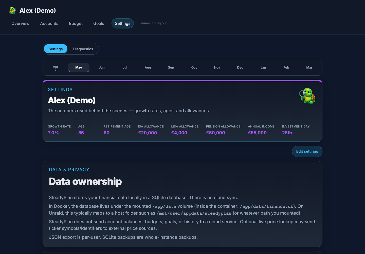Settings page showing data ownership and backup guidance (demo data)