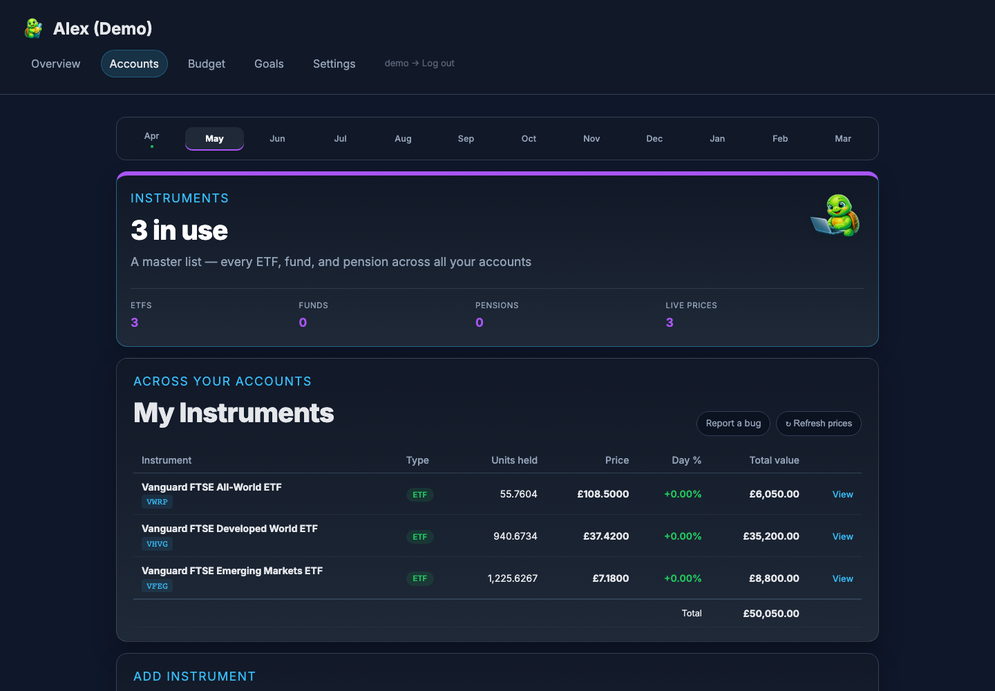 Holdings page showing accounts and holdings breakdown (demo data)